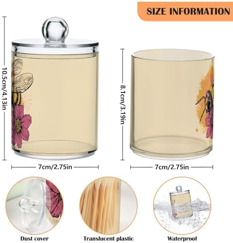 Fustylead 4 Pack Vintage Bee and Flowers Plastic Apothecary Jars with Lid, Bathroom Vanity Storage Organizer Canister for Qtip, Cotton Ball, Swab, Round Pads, Floss - Image 2