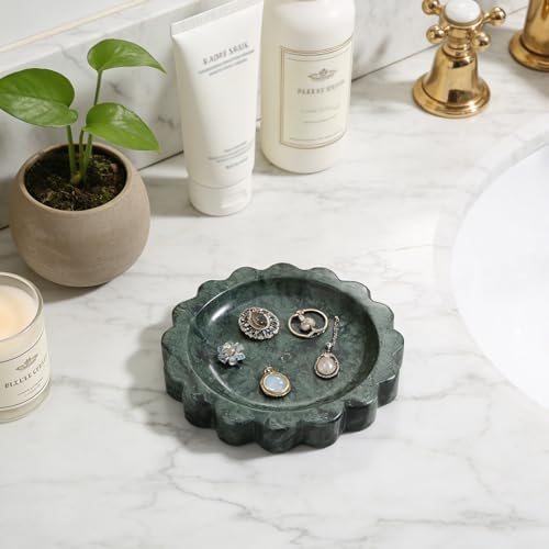 Koville 5.51" Scalloped Marble Tray, Round Stone Jewelry Trinket Dish for Ring, Natural Small Marble Tray for Bathroom Kitchen Dresser Countertop, Decorative Candle Tray(Green) - Image 4