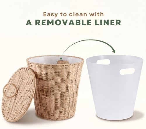 84ECO 3 Gallon Natural Woven Paper Trash Can with Lid and Liner for Bathroom - Image 2