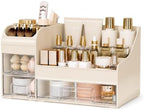 Extra Large Makeup Organizer for Vanity, 3 Drawers and Brush Holder, Countertop Cosmetic Storage for Skincare and Perfume, Thick ABS Bathroom Counter Organizer,Cream Clear by Unknown