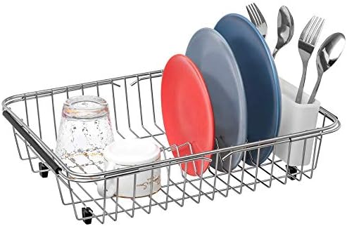 SANNO Dish Drying Rack, Expandable Dish Drainer Over Sink in Sink On Counter with Utensil Silverware Storage Holder, Rustproof Stainless Steel - Image 5