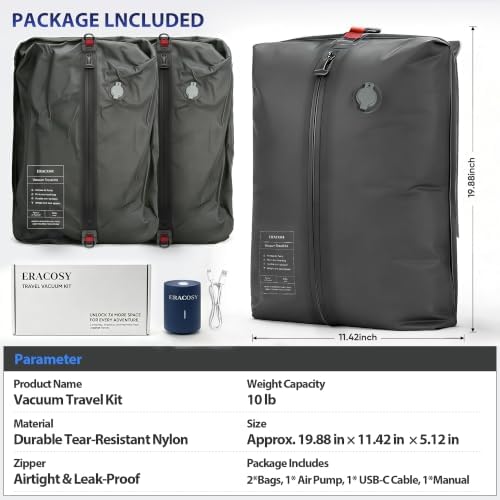 Travel Vacuum Bags with Pump, Compression Bags, Waterproof & Reusable Nylon Vacuum Travel Kit, Portable Space Saver Storage Bags with Wireless Vacuum Pump for Carry-On Backpack & Suitcase, 2 Pack - Image 6