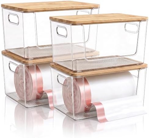 Trash Bag Holder 4 Pack, Stackable Garbage Bag Dispenser with Bamboo Lid, Large Capacity Under Sink Organizer for 13/30/33 Gallon Bags, Clear Storage Bins for Kitchen, Laundry Room, Pantry, Cabinet by Unknown