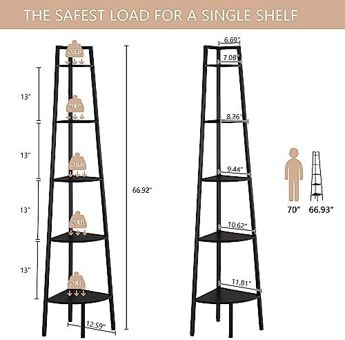 Hoctieon Corner Shelf, 5-Tier Corner Bookshelf, Rustic Ladder Shelf, Industrial Display Stand for Living Room, Kitchen, Home Office, Balcony, Small Space, Metal Frame, Black - Image 2