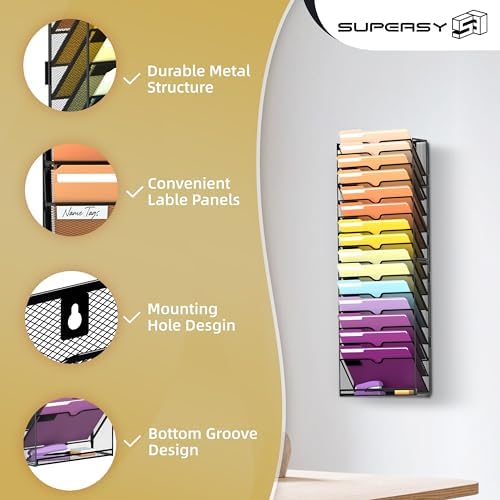 SUPEASY 16-Tier Hanging Wall File Holder Organizer for Papers, Folders, Files Clipboard & Magazine Organization Great for Office Home, Assembly Needed, Black - Image 4