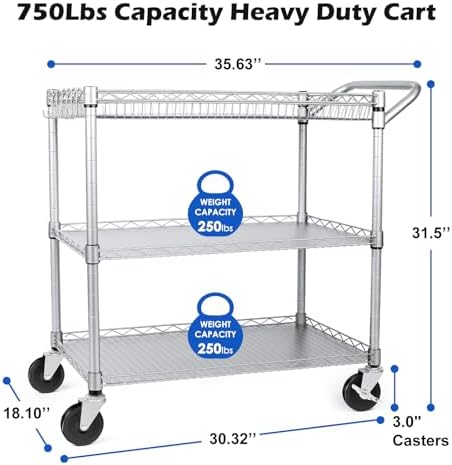 WDT Heavy Duty 3 Tier Utility Cart,Wire Rolling Carts with Wheels, Commercial Grade Service Cart with Shelving Liners and Handle Bar Metal Carts for Kitchen Office Hardware - Image 4