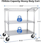 WDT Heavy Duty 3 Tier Utility Cart,Wire Rolling Carts with Wheels, Commercial Grade Service Cart with Shelving Liners and Handle Bar Metal Carts for Kitchen Office Hardware - Image 4