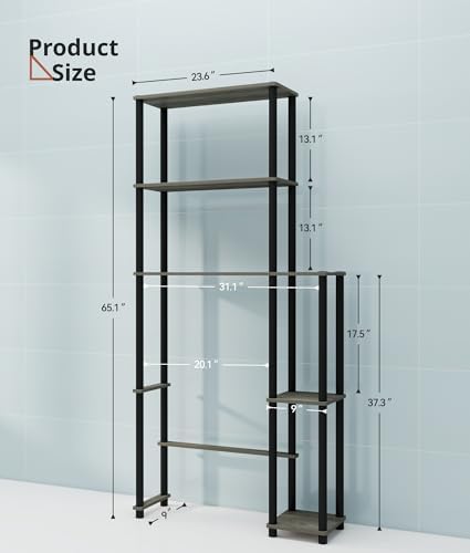 Over Toilet Shelf Organizer, 5-Tier Toilet Storage Rack with Side Racks Over The Toilet Stand for Bathroom Balcony Laundry, Grey/Black - Image 2