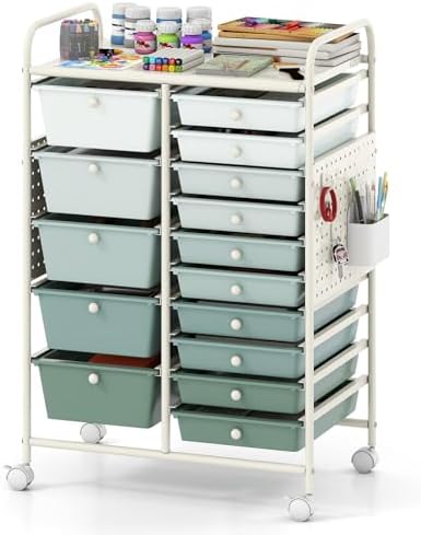 Giantex 15 Drawer Storage Cart, Rolling Craft Cart with Metal Tabletop & Pegboard, Mobile Utility Organizer Trolley with Locking Wheels, Home Office, Classroom, Teacher Supplies, Green Gradient by Giantex