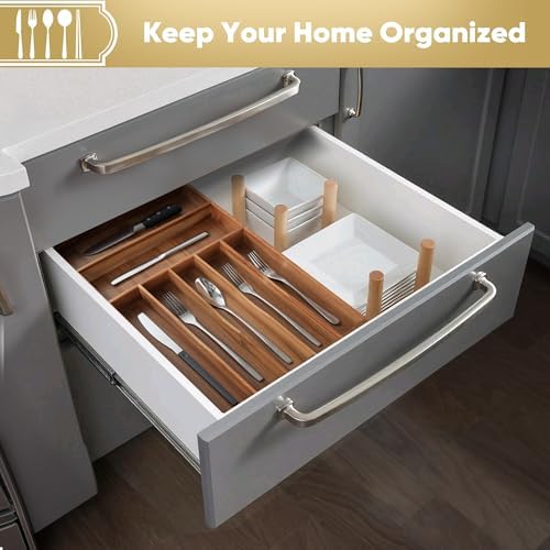 Silverware Organizer, 12.5 Inch Utensil Organizer Kitchen Drawer Organizer Acacia Silverware Holder Cutlery Tray Organizer in Drawer Flatware Organizer Tray(7 slots, Acacia） - Image 5
