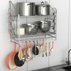 VyGrow 28 Inch Pot Rack Wall Mounted, 2 Tier Pots and Pans Organizer with 20 Hooks and 6 Pot Lid Holders, Heavy Duty Steel Pot and Pan Hanger for Kitchen Cookware Utensils Storage, Silver by VyGrow