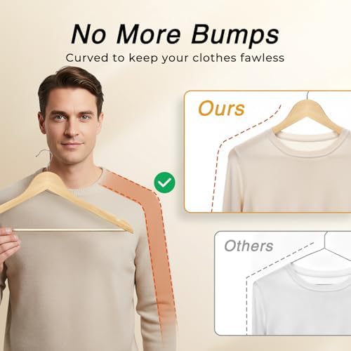 HOUSE DAY Slim Wooden Hangers 30 Pack, Solid Wood Hanger with Non Slip Shoulder Notches & Pant Bar, Smooth Finish Wood Clothes Hangers for Shirts, Suits, Jackets, Natural - Image 2