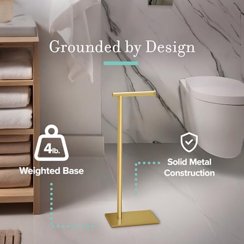 Gatco 1431B Freestanding Toilet Paper Holder Stand, Modern Bathroom Toilet Tissue Holder with Weighted Rectangle Base, Brushed Brass Finish, 22.25 Inch - Image 3