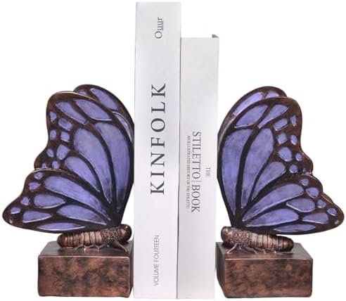 Vintage Purple Butterfly Bookends,Resin Book Ends for Shelves,Heavy Duty Decorative Bookends,Creative Book Stopper Holder Decor for Desk Home Office,Shelf Decoration,Gifts for Mother's Day by Kakizzy