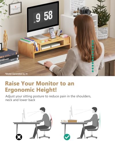 Ufine Bamboo Monitor Stand with Storage Compartments Small Desk Organizer - Image 4
