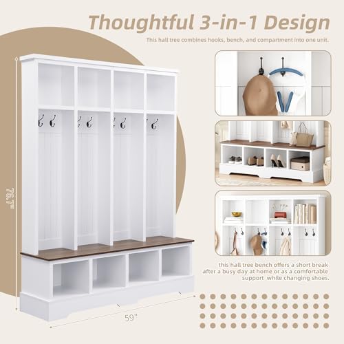 Merax Farmhouse Hall Tree with Bench and Shoe Storage, 59" Entryway Bench with Coat Rack, 8 Hooks and Top Compartments, 3-in-1 Entryway Hall Tree for Hallway, Living Room, White - Image 4