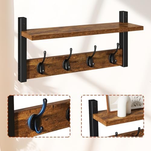 YMYNY Coat Rack Wall Mount with Shelf and Hooks, Rustic Brown UHWS001H-2 - Image 7