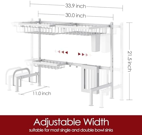 Sakugi Over The Sink Dish Drying Rack - Adjustable 2 Tier Large Capacity Stainless Steel Drainer with Cutlery & Utensil Holders, Kitchen Storage & Organization, 30"-33.9" L x 11" W x 21.5" H, White - Image 3