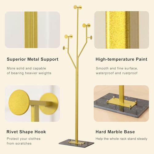 JIAYUEJU Freestanding Coat Rack Marble Base Coat tree Heavy Duty(Gold) | Tree-shaped Easy Assembly Space Saver Metal Frame 8 Hooks for Entryway Bedroom Living Room Office Corner - Image 3