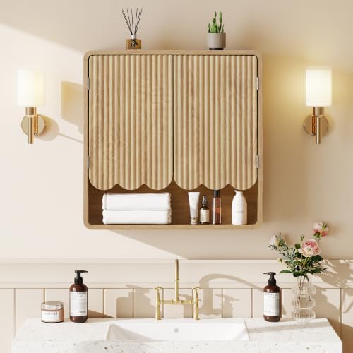 AVZEAR Fluted Bathroom Wall Cabinet Over the Toilet Storage Cabinet, Scalloped Medicine Cabinet with Adjustable Shelf, Wall Mounted Bathroom Cabinets, Natural - Image 3