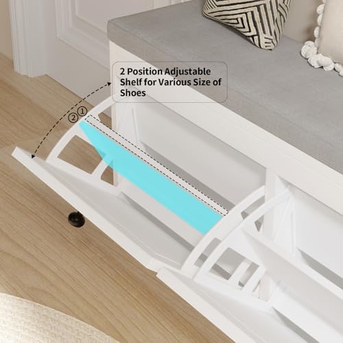 VOWNER Shoe Bench with 2 Flip Drawers, Shoe Organizer Storage Bench with Adjustable Shelves for Entryway, Hallway, Living Room (White) - Image 5