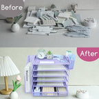 Desk Organizers and Accessories with File Holder, 6-Tier Paper Letter Tray Organiser with Drawer and 2 Pen Holder, Mesh Desktop Document Organizer for Office Supplies, Workspace - Purple - Image 4