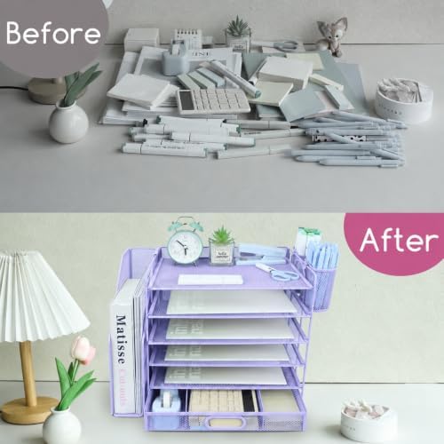 Desk Organizers and Accessories with File Holder, 6-Tier Paper Letter Tray Organiser with Drawer and 2 Pen Holder, Mesh Desktop Document Organizer for Office Supplies, Workspace - Purple - Image 4