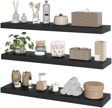 RALGEND Floating Shelves for Wall, 1.5" Thick Wall Shelf Set of 3 with Invisible Brackets, L31.5 x W7.9 Hanging Book Shelves Farmhouse Home Decor for Bathroom, Living Room, Bedroom, Black 8301BJP3BK by RALGEND