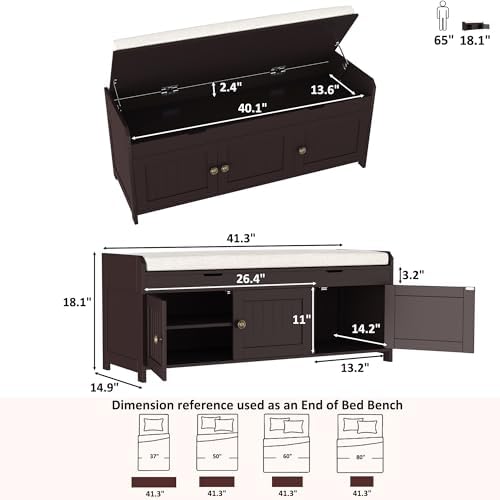 HOMEFORT 41.3" Shoe Bench with Lift Top Storage, Entryway Bench with Cushioned Seat, Wooden End of Bed Bench, Shoe Cabinet Bench with Hidden Storage Space, for Bedroom, Hallway,Espresso - Image 3