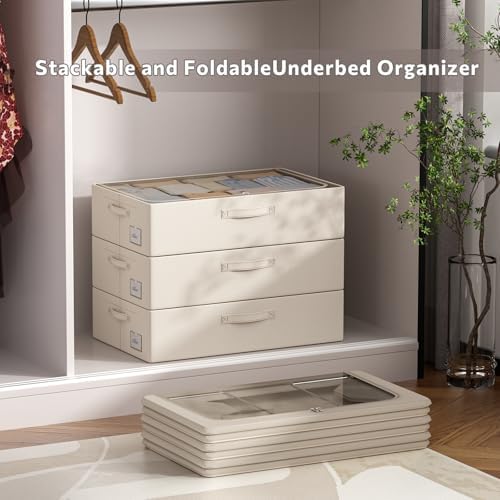 CYhom 3Pcs Under Bed Storage Bins with Metal Frame - Shoe Organizer for Closet with Clear Cover Oxford Fabric Sturdy Underbed Container Foldable Stackable Clothes Organizer (Beige, 23.5x11.8x6.3) - Image 6