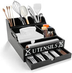 Kitchen Utensil Holder with Drawer, Farmhouse Spatula Organizer for Countertop,Large Capacity Flatware Spoon Forks Knives Cooking Tool Cutlery Holder for Party Picnic BBQ with 11 Compartments(Black) by CUGBO