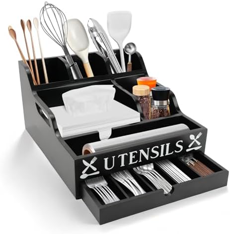 Kitchen Utensil Holder with Drawer, Farmhouse Spatula Organizer for Countertop,Large Capacity Flatware Spoon Forks Knives Cooking Tool Cutlery Holder for Party Picnic BBQ with 11 Compartments(Black) by CUGBO