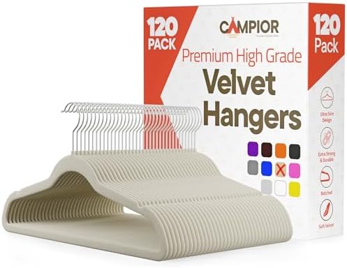 Ivory Velvet Hangers 120 Pack – 360° Swivel Hook, Non-Slip and Space Saving Hangers, Heavy-Duty 11 lbs Weight Capacity - Smooth Velvet Finish for Crease-Free Clothes and Effortless Closet Organization by Campior