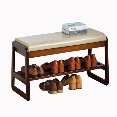 latifolia Solid Wood Bench, Entryway Shoe Bench with Cushion, 2 Tier Shoe Storage Organizer for Hallway, Living Room(Grey,31.50''L) by Latifolia