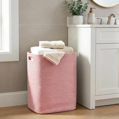 MEGASKET Large Laundry Hamper 16"x13"x22" - Tall Woven Laundry Basket, Cotton Rope Dirty Clothes Hamper, Baby Kids Nursery Wicker Laundry Basket, Bedroom Aesthetic, Soft Laundry Bin, Pink Hamper, 75L - Image 6