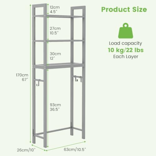 GIANTEX Over The Toilet Storage Shelf, 3-Tier Freestanding Space Saver Above Toilet Shelves with 3 Hooks & Adjustable Bottom Bar, Over Toilet Bathroom Organizer for Restroom, Laundry (Gray) - Image 2
