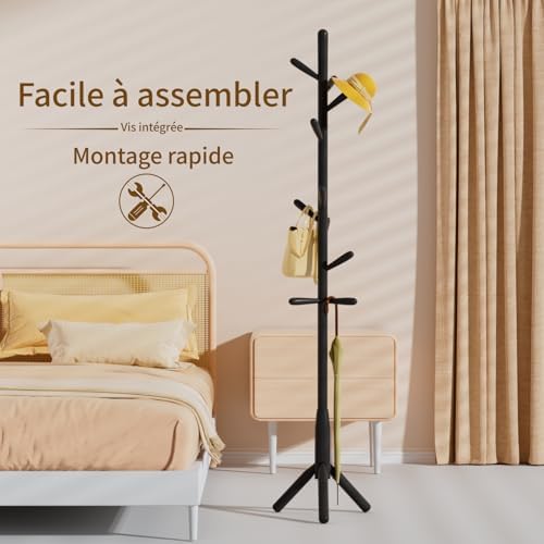 Solid Wood Coat Rack, Freestanding Tree-Shaped Coat Rack with 11 Hooks, Main Pole 1.6" dia for Clothes, Hat Stand Used in Bedroom/Office/Entryway (3-Leg Base, Black) - Image 4