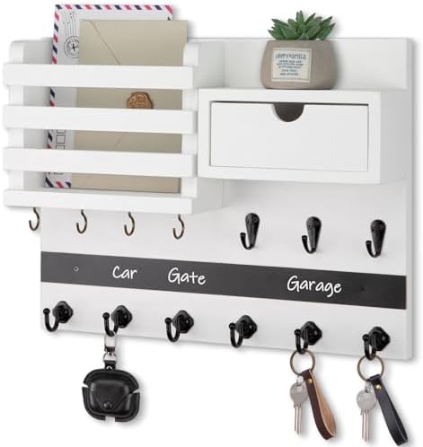 Nekon Key Holder Wall Mount with Drawer, 14.5" Mail Holder, White by NekonDesign