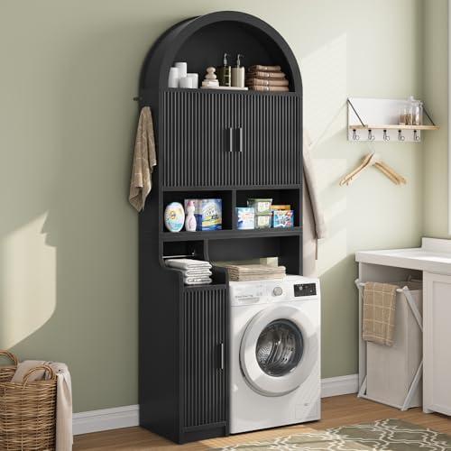 Itaar Arched Over The Toilet Storage Cabinet, 78.7" H Fluted Bathroom Organizer with Reversible Side Cabinet, Adjustable Shelves, Anti-Tipping, Hooks & Paper Holder for Bathroom Laundry Room, Black - Image 4