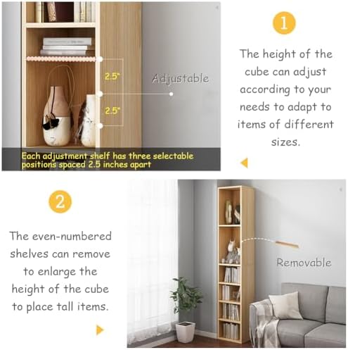 IOTXY Small Narrow Corner Bookcase - 47 Inches Tall Gap Freestanding Storage Cabinet, 5 Lattices Open Shelves Tower Rack, Cubes Bookshelf in Oak - Image 4
