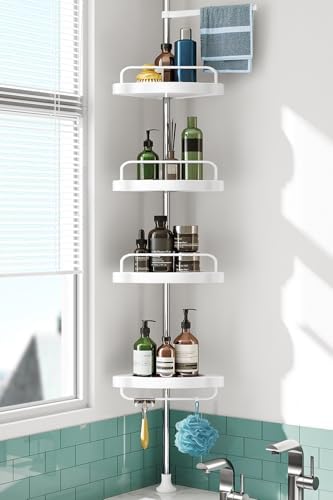 Corner Shower Caddy Tension Pole: Rust Proof 4Tier Shampoo Storage Organizer for Inside Shower - Telescoping Rod Shower Rack for Bathroom and Bathtub - Restroom Floor Standing Bath Rack Holder by HAMITOR