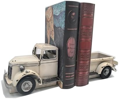 Decorative Book Ends Vintage Bookends: Metal Truck Book Stopper for Heavy Books - Farmhouse Decor for Shelf Table Coffee Bar Office Home - Gift for Adults Men Teen (Vintage White) by Birminwind