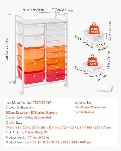 VEVOR Rolling Cart with Drawers, Double Row 15 Drawer Storage Organizer, Mobile Utility Cart, Steel Frame, Universal Casters & 2 Brakes, for Office, Classroom, Craft Room, Studio, Garage, Gradient Red - Image 7