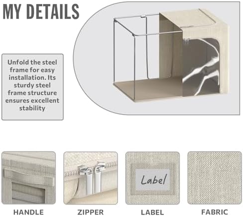 4 Pack Clothes Storage Bins with Metal Frame - 66L Stackable Storage Box with Lid，Foldable Storage Container Organizer for Clothes，Linen Fabric Storage Box with Clear Window＆Zippers＆Handles - Image 3