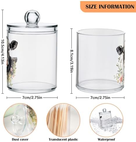 Fustylead 4 Pack Watercolor Hand Draw Cow and Flower Qtip Holder Dispensers for Cotton Swab, Ball, Round Pads, Floss, Plastic Apothecary Jar Set for Bathroom Canister Storage - Image 2