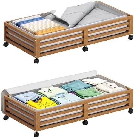 Wisuce 2 Packs Bamboo Under Bed Storage Organizer with Wheels Black Large by Wisuce