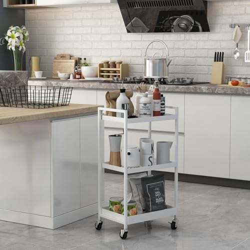3-Tier Metal Utility Rolling Cart, Heavy Duty Multifunction Rectangular Cart with Lockable Casters, Kitchen Storage Carts Suitable for Office, Bathroom, Kitchen - White - Image 4