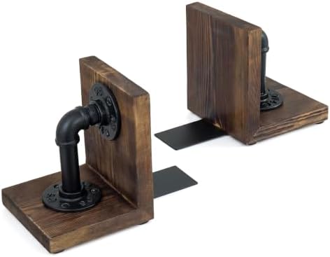 Bookends for Shelves, Heavy Book Ends with Extended Metal Base, Wood Non Skid Book Stopper, Antique Steampunk Industrial Pipe Office Decor for Men, Dark Brown L-Shaped Bookends Holder for Shelf (Pair) - Image 6