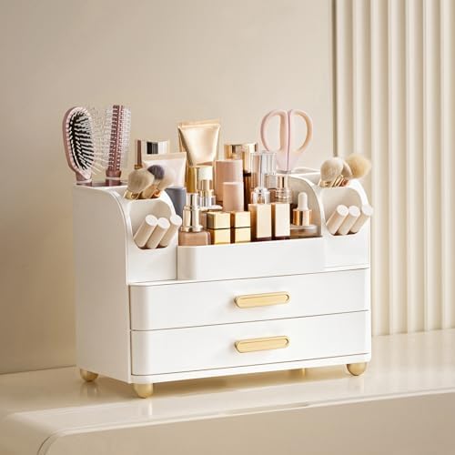 HBlife Makeup Organizer for Vanity with Brush Holder, Large Bathroom Countertop Cosmetic Organizer Skin Care Storage, Easy to Store Lipsticks, Nail Polishes, Perfumes, Eyeshadow Palettes, All White - Image 2