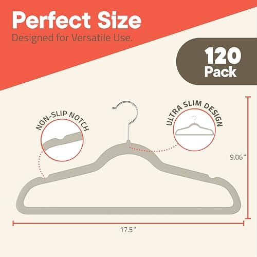 Ivory Velvet Hangers 120 Pack – 360° Swivel Hook, Non-Slip and Space Saving Hangers, Heavy-Duty 11 lbs Weight Capacity - Smooth Velvet Finish for Crease-Free Clothes and Effortless Closet Organization - Image 2